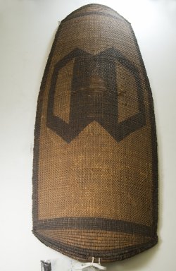 Banda, Mbugbu sub-group. <em>Shield</em>, late 19th century. Fiber, wood (handle), 51 3/16 x 17 11/16 in. (130 x 45 cm). Brooklyn Museum, Museum Expedition 1922, Robert B. Woodward Memorial Fund, 22.847. Creative Commons-BY (Photo: Brooklyn Museum, CUR.22.847_front_PS5.jpg)
