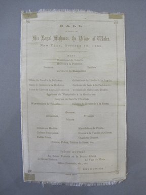  <em>Menu</em>, October 12, 1860. Silk satin, ink, 4 1/4 x 7 1/4 in. (10.8 x 18.4 cm). Brooklyn Museum, Gift of Mr. and Mrs. William Sterling Peters, 24.419.16 (Photo: Brooklyn Museum, CUR.24.419.16.jpg)