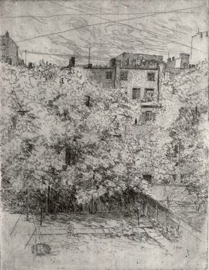 Julian Alden Weir (American, 1852–1919). <em>My Backyard, Number Two</em>, 1890. Etching and drypoint on laid paper, 7 7/8 x 5 15/16 in. (20 x 15.1 cm). Brooklyn Museum, Gift of Elizabeth Luther Cary, 25.102 (Photo: Brooklyn Museum, CUR.25.102_print.jpg)