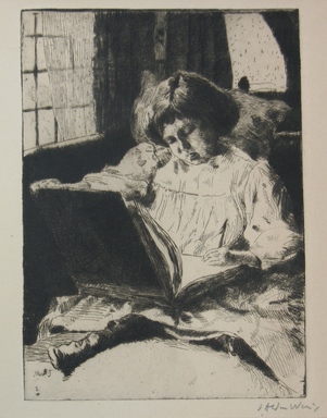 Julian Alden Weir (American, 1852–1919). <em>The Picture Book</em>, 19th century. Etching and drypoint on Japan type wove paper, Sheet: 12 x 8 3/4 in. (30.5 x 22.2 cm). Brooklyn Museum, Gift of Elizabeth Luther Cary, 25.98 (Photo: Brooklyn Museum, CUR.25.98.jpg)