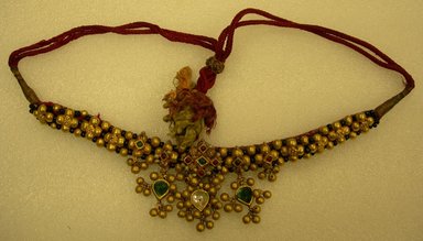  <em>Necklace</em>, 19th century. Gold beads, glass(?), cord, length: 15 in. (38.1 cm). Brooklyn Museum, 25588. Creative Commons-BY (Photo: Brooklyn Museum, CUR.25588.jpg)