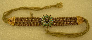  <em>Bracelet</em>. gold bead, turquoise, diamond (?), sodalite (?), L. overall 16 3/4 in; center seciont 6 3/16 in. Brooklyn Museum, 25603. Creative Commons-BY (Photo: Brooklyn Museum, CUR.25603.jpg)