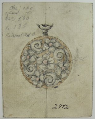 Frederick John Beck (American, 1864-1917). <em>Watch-case Design</em>. Graphite, ink and watercolor on paper, 2 7/8 x 2 1/4 in. (7.3 x 5.7 cm). Brooklyn Museum, Gift of Herbert F. Beck and Frederick Lorenze Beck, 26.515.11. Creative Commons-BY (Photo: Brooklyn Museum, CUR.26.515.11.jpg)