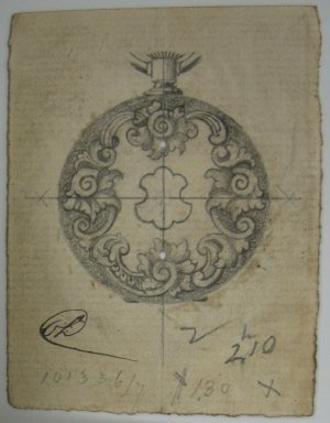 Frederick John Beck (American, 1864-1917). <em>Watch-case Design</em>. Graphite on paper, 2 15/16 x 2 1/4 in. (7.5 x 5.7 cm). Brooklyn Museum, Gift of Herbert F. Beck and Frederick Lorenze Beck, 26.515.39. Creative Commons-BY (Photo: Brooklyn Museum, CUR.26.515.39.jpg)