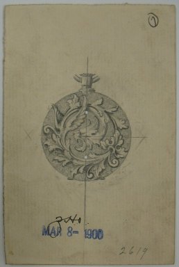 Frederick John Beck (American, 1864-1917). <em>Watch-case Design</em>. Graphite on paper, 4 7/16 x 2 15/16 in. (11.3 x 7.5 cm). Brooklyn Museum, Gift of Herbert F. Beck and Frederick Lorenze Beck, 26.515.57. Creative Commons-BY (Photo: Brooklyn Museum, CUR.26.515.57.jpg)