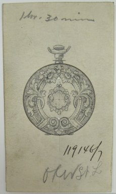 Frederick John Beck (American, 1864-1917). <em>Watch-case Design</em>. Graphite and ink on paper, 3 11/16 x 2 1/8 in. (9.4 x 5.4 cm). Brooklyn Museum, Gift of Herbert F. Beck and Frederick Lorenze Beck, 26.515.63. Creative Commons-BY (Photo: Brooklyn Museum, CUR.26.515.63.jpg)