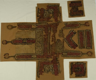Coptic. <em>Tunic Fragments</em>, 6th century C.E. Flax, wool, 26.745a: 32 11/16 × 37 in. (83 × 94 cm). Brooklyn Museum, Gift of the Long Island Historical Society, 26.745a-c. Creative Commons-BY (Photo: Brooklyn Museum (in collaboration with Index of Christian Art, Princeton University), CUR.26.745_ICA.jpg)