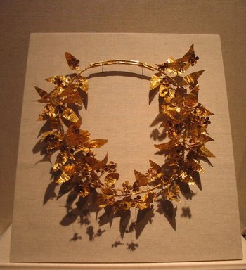 
                  Greek. Wreath, 3rd century-2nd century B.C.E. Gold, 3 15/16 x 10 1/4 x 11 13/16 in. (10 x 26 x 30 cm). Brooklyn Museum, Gift of George D. Pratt, 26.763. Creative Commons-BY (Photo: Brooklyn Museum, CUR.26.763_wwg8_2014.jpg)                