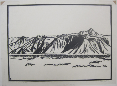 Franz Geritz (American, 1895–1945). <em>Cathedral Mountains, Palm Springs</em>, 1929. Linocut on Japanese tissue paper, 8 11/16 x 11 13/16 in. (22 x 30 cm). Brooklyn Museum, Frank Sherman Benson Fund, 29.1271 (Photo: Brooklyn Museum, CUR.29.1271.jpg)