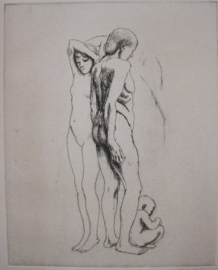 Kenneth Hayes Miller (American, 1876-1954). <em>Woman, Young Girl and Infant</em>, n.d. Etching, dry-point on paper, folder: 19 5/16 x 14 3/8 in. (49 x 36.5 cm). Brooklyn Museum, Gift of Minna Citron, 32.171 (Photo: Brooklyn Museum, CUR.32.171.jpg)
