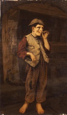 John George Brown (American, born England, 1831–1913). <em>Standing Boy Smoking a Cigar</em>, 1867. Oil on canvas, 11 3/4 x 6 15/16 in. (29.9 x 17.6 cm). Brooklyn Museum, Gift of the executors of the Estate of Colonel Michael Friedsam, 32.802 (Photo: Brooklyn Museum, CUR.32.802.jpg)