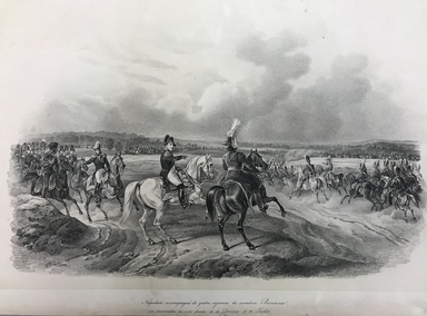 Albrecht Adam (German, 1786-1862). <em>Napoleon, Accompagne de Quatre Regimens de Cavalerie Bavaroise, va Reconnaitre la Rive Droite de la Dwuina 13 24 Juillet</em>, 1827-1833. Lithograph, Sheet: 12 x 16 3/4 in. (30.5 x 42.5 cm). Brooklyn Museum, A. Augustus Healy Fund, 33.408.31 (Photo: , CUR.33.408.31.jpg)