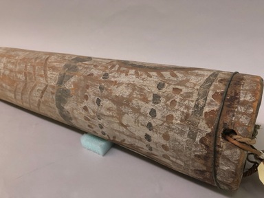 Maku. <em>Large Cylinder Drum</em>, early 20th century. Wood, pigment, plant fiber, cotton, 6 1/2 × 6 1/4 × 35 in. (16.5 × 15.9 × 88.9 cm). Brooklyn Museum, Museum Expedition 1933, Purchased with funds given by Jesse Metcalf, 33.597. Creative Commons-BY (Photo: Brooklyn Museum, CUR.33.597_view01.jpeg)