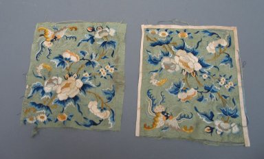  <em>Two Squares of Material</em>, 19th century. Embroidery - satin, A: 9 7/8 x 8 3/4 in. (25.1 x 22.2 cm). Brooklyn Museum, Brooklyn Museum Collection, 34.1290a-b. Creative Commons-BY (Photo: Brooklyn Museum, CUR.34.1290a-b.jpg)
