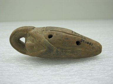  <em>Whistle</em>. Ceramic, 1 x 1 1/2 x 3 3/4 in. (2.5 x 3.8 x 9.5 cm). Brooklyn Museum, Alfred W. Jenkins Fund, 34.2051. Creative Commons-BY (Photo: Brooklyn Museum, CUR.34.2051_view1.jpg)