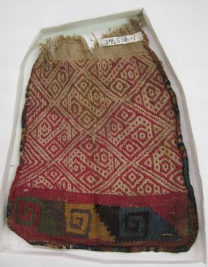 Wari - derived. <em>Belt, Fragment or Tie End from undetermined Textile, Fragment</em>, 600–1000. Cotton, camelid fiber, 7 1/4 × 5 7/8 in. (18.4 × 15 cm). Brooklyn Museum, George C. Brackett Fund, 34.556.1. Creative Commons-BY (Photo: , CUR.34.556.1.jpg)
