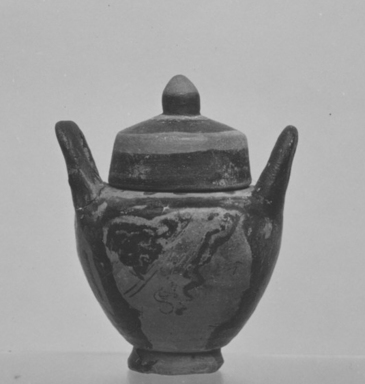 Attic. <em>Miniature Red-Figure Lebes Gamikos with Lid</em>, early 4th century B.C.E. Clay, slip, 1 3/8 x Diam. without handles 1 5/16 in. (3.5 x 3.4 cm). Brooklyn Museum, Charles Edwin Wilbour Fund, 34.722a-b. Creative Commons-BY (Photo: Brooklyn Museum, CUR.34.722a-b_print_cropped_bw.jpg)