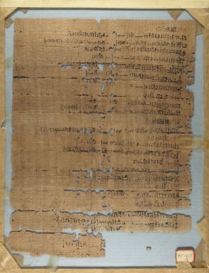  <em>Papyrus Fragments Inscribed in Hieratic</em>, ca. 1539–1292 B.C.E. Papyrus, ink, a: Glass: 16 1/8 x 21 1/16 in. (41 x 53.5 cm). Brooklyn Museum, Gift of Theodora Wilbour, 35.1453a-b (Photo: Brooklyn Museum, CUR.35.1453a_recto_IMLS_PS5.jpg)