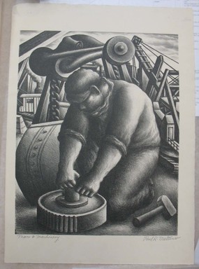 Paul R. Meltsner (American, 1905–1967). <em>Man and Machinery</em>, n.d. Lithograph, Image: 12 3/8 x 9 13/16 in. (31.4 x 24.9 cm). Brooklyn Museum, Gift of the artist, 35.1958 (Photo: Brooklyn Museum, CUR.35.1958.jpg)