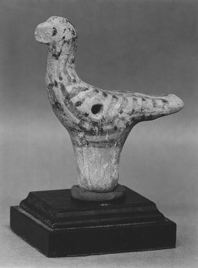 Greek. <em>Votive Bird</em>, ca. 1420-1190 B.C.E. Terracotta, pigment, 2 15/16 x 15/16 x 2 3/16 in. (7.5 x 2.4 x 5.5 cm). Brooklyn Museum, Charles Edwin Wilbour Fund, 35.748a-b. Creative Commons-BY (Photo: Brooklyn Museum, CUR.35.748a-b_print_bw.jpg)