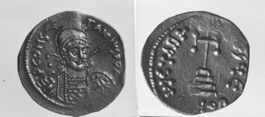 Byzantine. <em>Solidus of Constantine IV</em>, 661-665 C.E. Gold, Diam. 13/16 in. (2 cm). Brooklyn Museum, Frank L. Babbott Fund and Henry L. Batterman Fund, 36.158. Creative Commons-BY (Photo: , CUR.36.158_NoNeg_print_bw.jpg)