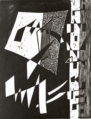 Werner Drewes (American, born Germany, 1899–1984). <em>Composition VII-Two Large Fighting Forms and a Row of Small Forms</em>, 1934. Woodcut on white Japan paper, 9 1/2 x 12 5/8 in. (24.1 x 32 cm). Brooklyn Museum, Anonymous gift, 36.223. © artist or artist's estate (Photo: Brooklyn Museum, CUR.36.223.jpg)