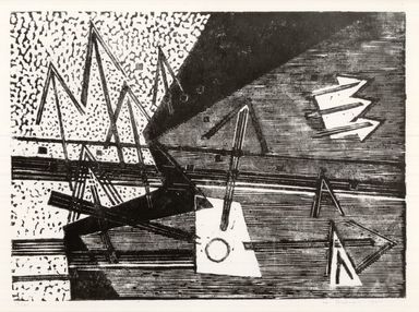 Werner Drewes (American, born Germany, 1899-1984). <em>Composition III-Arrows into Different Directions</em>, 1934. Woodcut on Japan paper, 9 1/16 x 12 5/8 in. (23 x 32 cm). Brooklyn Museum, Anonymous gift, 36.227. © artist or artist's estate (Photo: Brooklyn Museum, CUR.36.227.jpg)