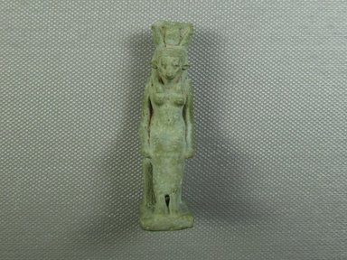  <em>Amulet of Enthroned Hathor</em>, 664–332 B.C.E., or later. Faience, 2 9/16 x 9/16 x 1 1/8 in. (6.5 x 1.5 x 2.8 cm). Brooklyn Museum, Charles Edwin Wilbour Fund, 37.1003E. Creative Commons-BY (Photo: Brooklyn Museum, CUR.37.1003E_view1.jpg)