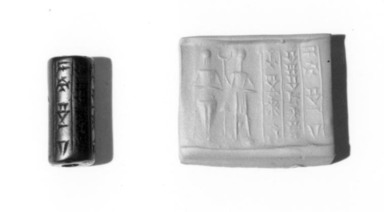 Ancient Near Eastern. <em>Cylinder Seal: Two Figures with Old Babylonian Inscription</em>, ca. 18th-17th c. B.C.E. Hematite, 7/8 x Diam. 3/8 in. (2.3 x 1 cm). Brooklyn Museum, Charles Edwin Wilbour Fund, 37.1116E. Creative Commons-BY (Photo: , CUR.37.1116E_NegB_print_bw.jpg)