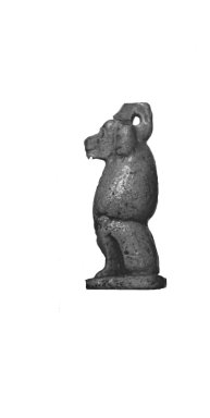  <em>Amulet Representing a Baboon</em>, ca. 664-525 B.C.E., or later. Faience, 1 x 5/16 x 3/8 in. (2.5 x 0.9 x 1 cm). Brooklyn Museum, Charles Edwin Wilbour Fund, 37.1319E. Creative Commons-BY (Photo: Brooklyn Museum, CUR.37.1319E_37.1172E_GRPA_cropped_bw.jpg)