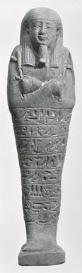  <em>Ushabti of Ptah-semem-psamtik</em>, 664–525 B.C.E. Faience, 7 13/16 x 1 15/16 x depth through base 1 9/16 in. (19.8 x 5 x 4 cm). Brooklyn Museum, Charles Edwin Wilbour Fund, 37.140E. Creative Commons-BY (Photo: Brooklyn Museum, CUR.37.140E_NegA_print_bw.jpg)