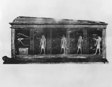 <em>Outer Coffin of Kamwese</em>, ca. 1539-1295 B.C.E. Wood, pigment, 41 3/4 x 35 7/16 x 95 1/4 in. (106 x 90 x 242 cm). Brooklyn Museum, Charles Edwin Wilbour Fund, 37.15E. Creative Commons-BY (Photo: , CUR.37.15E_NegD_print_bw.jpg)