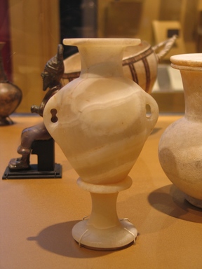  <em>Vase and Stand Imitating Asiatic Model</em>, ca. 1400-1336 B.C.E. Egyptian alabaster (calcite), 5 5/16 x 2 1/2 in. (13.5 x 6.3 cm). Brooklyn Museum, Charles Edwin Wilbour Fund, 37.250Ea-b. Creative Commons-BY (Photo: Brooklyn Museum, CUR.37.250Ea-b_erg2.jpg)