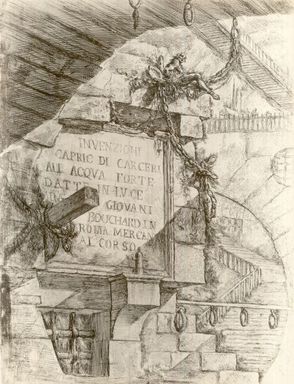 Giovanni Battista Piranesi (Italian, Venetian, 1720-1778). <em>Invenzioni Capric di Carceri; Hind 1, Second State of Three</em>, ca. 1749. Etching on laid paper, 21 1/2 x 16 3/8 in. (54.6 x 41.6 cm). Brooklyn Museum, Frank L. Babbott Fund and Carll H. de Silver Fund, 37.356.1 (Photo: Brooklyn Museum, CUR.37.356.1.jpg)