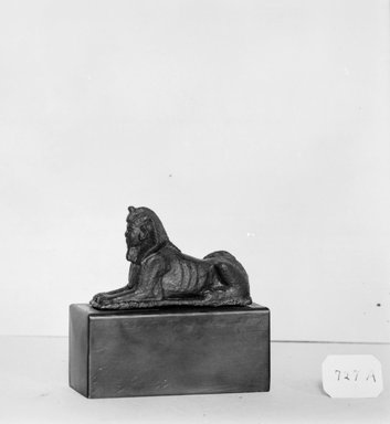  <em>Small Statue of a Sphinx with Royal Head</em>, ca. 1st-2nd century C.E. Bronze, 1 1/4 x 5/8 x 2 1/16 in. (3.2 x 1.6 x 5.3 cm). Brooklyn Museum, Charles Edwin Wilbour Fund, 37.375E. Creative Commons-BY (Photo: Brooklyn Museum, CUR.37.375E_NegID_37.375E_GRPA_cropped_bw.jpg)