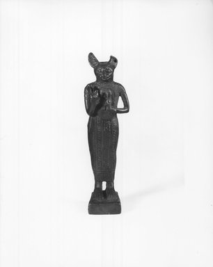  <em>Small Figurine of the Goddess Bast</em>, 305–30 B.C.E. Bronze, 4 13/16 x 1 1/4 x 1 1/8 in. (12.3 x 3.3 x 2.8 cm). Brooklyn Museum, Charles Edwin Wilbour Fund, 37.377E. Creative Commons-BY (Photo: Brooklyn Museum, CUR.37.377E_NegA_print_bw.jpg)