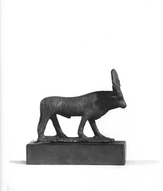  <em>Small Hathor Cow</em>, 305–30 B.C.E. Bronze, 1 15/16 x 11/16 x 2 5/16 in. (4.9 x 1.8 x 5.8 cm). Brooklyn Museum, Charles Edwin Wilbour Fund, 37.384E. Creative Commons-BY (Photo: Brooklyn Museum, CUR.37.384E_NegA_print_bw.jpg)