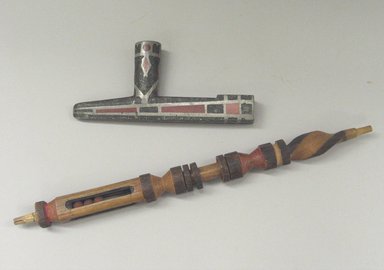 Santee, Sioux (Dakota). <em>Carved Red and Dark Green Pipe and Puzzle Stem</em>, ca. 1850. Stone, wood, lead, pigment, tobacco, a: 9 3/4 x 1 1/4 x 4 2/4 in. or (25.0 x 11.0 cm). Brooklyn Museum, Museum Collection Fund, 37.432a-b. Creative Commons-BY (Photo: Brooklyn Museum, CUR.37.432a-b_view2.jpg)