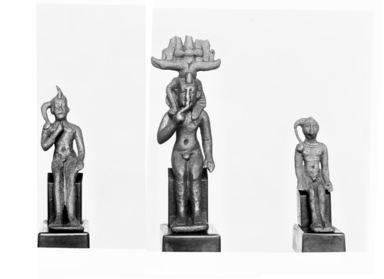  <em>Small Statuette of the Child Horus</em>, 305-30 B.C.E. Bronze, 2 3/16 x 11/16 x 1 1/8 in. (5.6 x 1.8 x 2.8 cm). Brooklyn Museum, Charles Edwin Wilbour Fund, 37.686E. Creative Commons-BY (Photo: , CUR.37.537E_37.539E_37.686E_NegID_37.537E_GRPA_print_bw.jpg)