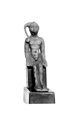  <em>Small Statuette of the Child Horus Seated</em>, 305-30 B.C.E. Bronze, 1 3/4 x 9/16 x 1 in. (4.4 x 1.4 x 2.5 cm). Brooklyn Museum, Charles Edwin Wilbour Fund, 37.537E. Creative Commons-BY (Photo: , CUR.37.537E_NegID_37.537E_GRPA_print_cropped_bw.jpg)