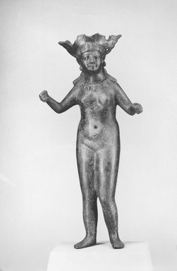  <em>Large Statuette of a Goddess, Probably Hathor or Aphrodite</em>, 1st-3rd century C.E. Bronze, 12 5/8 x 5 11/16 x 3 3/8 in. (32 x 14.4 x 8.5 cm). Brooklyn Museum, Charles Edwin Wilbour Fund, 37.572E. Creative Commons-BY (Photo: Brooklyn Museum, CUR.37.572E_NegB_print_bw.jpg)