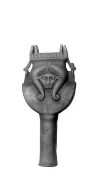  <em>Handle of a Sistrum Ending in Two Hathor Cow Heads</em>, 305-30 B.C.E. Bronze, 6 1/4 x 2 3/4 x 7/8 in. (15.9 x 7 x 2.2 cm). Brooklyn Museum, Charles Edwin Wilbour Fund, 37.586E. Creative Commons-BY (Photo: Brooklyn Museum, CUR.37.586E_NegID_37.583E_GRPA_print_cropped_bw.jpg)