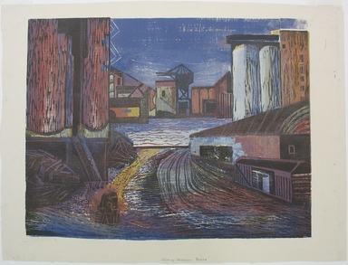 Hyman J. Warsager (American, 1909–1974). <em>Along Harlem River</em>, 1938. Color woodcut on white laid paper, Sheet: 15 7/16 x 20 1/2 in. (39.2 x 52.1 cm). Brooklyn Museum, Dick S. Ramsay Fund, 38.225 (Photo: Brooklyn Museum, CUR.38.225.jpg)