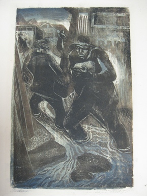 Hyman J. Warsager (American, 1909–1974). <em>The Looters</em>, 1938. Color woodcut on white Chinese paper, Sheet: 16 1/2 x 12 1/16 in. (41.9 x 30.6 cm). Brooklyn Museum, Dick S. Ramsay Fund, 38.226 (Photo: Brooklyn Museum, CUR.38.226.jpg)