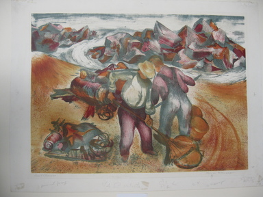 Hyman J. Warsager (American, 1909–1974). <em>Beach Cleaners</em>, n.d. Color lithograph on white wove paper, Sheet: 15 7/8 x 21 3/16 in. (40.3 x 53.8 cm). Brooklyn Museum, Dick S. Ramsay Fund, 38.227 (Photo: Brooklyn Museum, CUR.38.227.jpg)