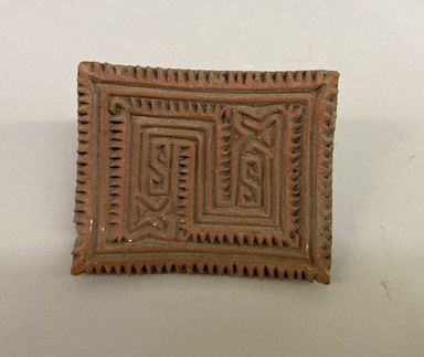 Possibly Aztec. <em>Stamp</em>. Pink clay, 2 3/4 × 1 3/4 × 3 1/4 in. (7 × 4.4 × 8.3 cm). Brooklyn Museum, Ella C. Woodward Memorial Fund, 39.123.100. Creative Commons-BY (Photo: Brooklyn Museum, CUR.39.123.100.jpg)