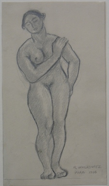 Abraham Walkowitz (American, born Russia, 1878–1965). <em>Nude Standing with Hand on Left Shoulder</em>, 1906. Graphite on paper, Sheet: 6 1/4 x 3 9/16 in. (15.9 x 9 cm). Brooklyn Museum, Gift of the artist, 39.491 (Photo: Brooklyn Museum, CUR.39.491.jpg)