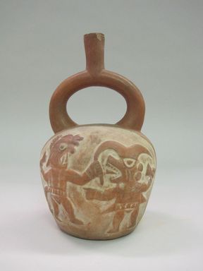 Moche. <em>Stirrup Spout Vessel with Battle Scene</em>, 100-600 C.E. Ceramic, slip, 9 1/4 × 5 1/4 × 5 in. (23.5 × 13.3 × 12.7 cm). Brooklyn Museum, Museum Expedition 1941, Frank L. Babbott Fund, 41.1275.18. Creative Commons-BY (Photo: , CUR.41.1275.18_view01.jpg)