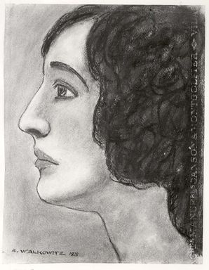 Abraham Walkowitz (American, born Russia, 1878–1965). <em>Woman's Head #10</em>, 1928. Pastel on light blue paper, 12 7/16 x 9 9/16 in. (31.6 x 24.3 cm). Brooklyn Museum, Gift of the artist, 41.163 (Photo: Brooklyn Museum, CUR.41.163.jpg)