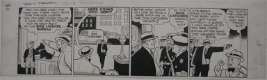 Chester Gould (American, 1900-1985). <em>Dick Tracy</em>, May 20, 1940. Pen and ink and traces of graphite on paperboard, Sheet (slightly irregular): 6 5/8 x 23 1/8 in. (16.8 x 58.7 cm). Brooklyn Museum, Gift of the Daily News, 41.205. © artist or artist's estate (Photo: Brooklyn Museum, CUR.41.205.jpg)
